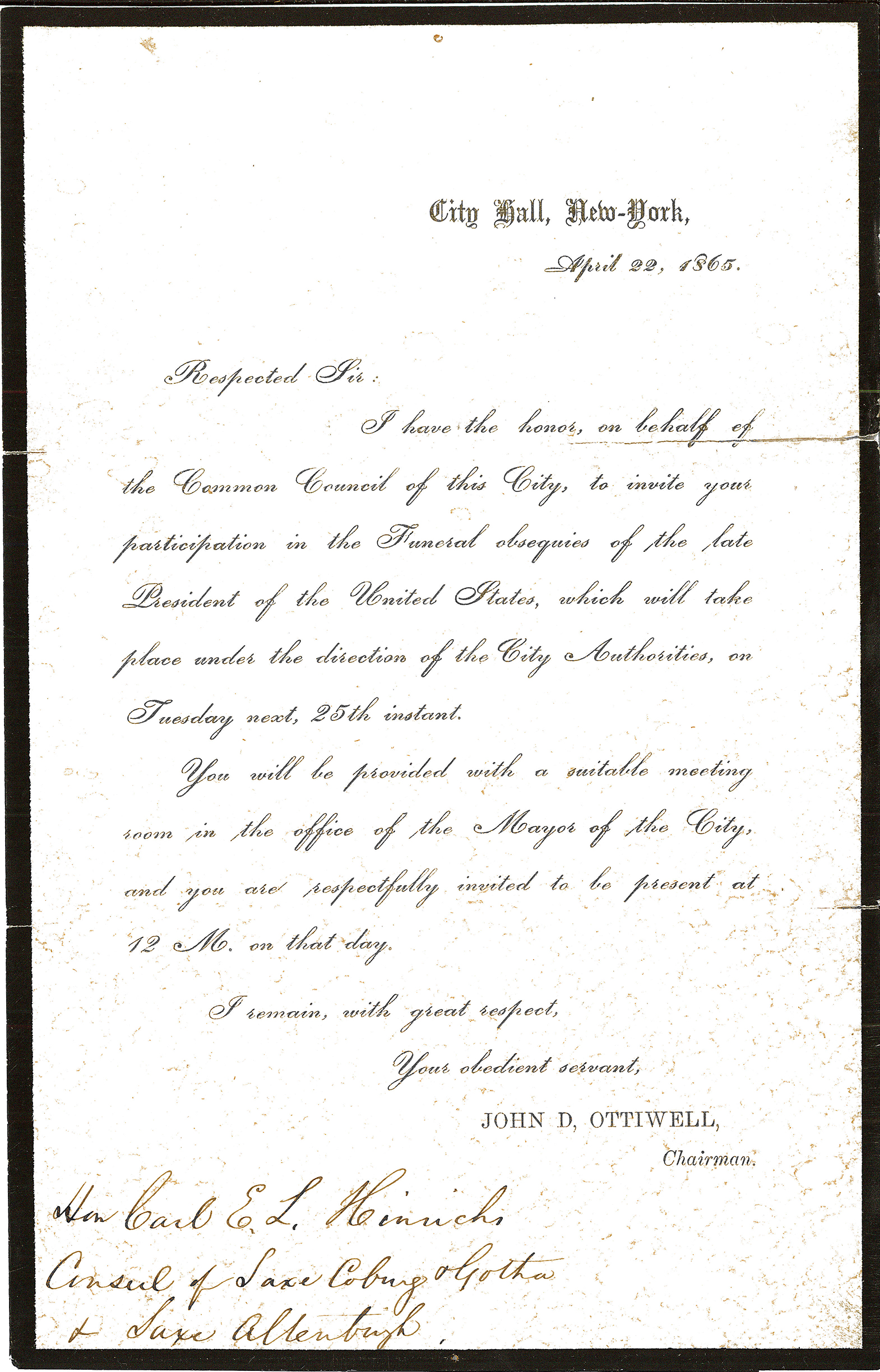 Letter Invitation to Lincoln Funeral New York Remembering Lincoln